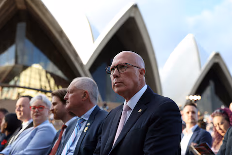 Liberal Party leader Peter Dutton attends the Lest We Forget sunset tribute on the eve of ANZAC Day at Sydney Opera House in Sydney, Australia, April 24, 2025.