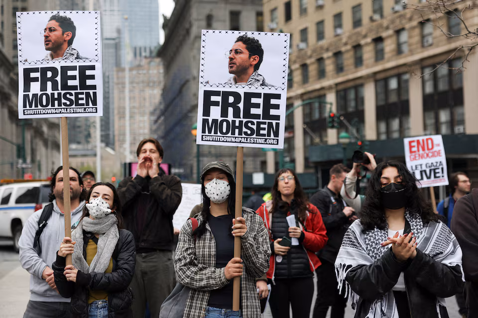 Demonstrators hold placards that read "Free Mohsen" in reference to Mohsen Mahdawi, a Palestinian green card holder and student at Columbia University that was detained, as they gather at Foley Square calling for the release of Palestinian activist and Columbia University graduate student Mahmoud Khalil, in Manhattan, New York