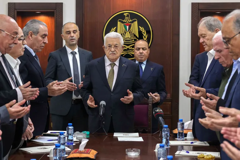 Palestinian Authority President Mahmoud Abbas, centre, leads prayers during a meeting of the Palestine Liberation Organization's Executive Committee in Ramallah on April 26, 2025