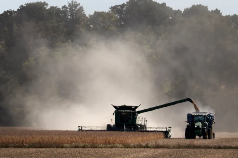 A US farmer harvests soya beans near Ayers, Tennessee