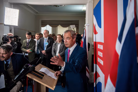 Honorary President of the Reform UK party Nigel Farage speaks at a Reform UK press conference in Dover, Britain, May, 28, 2024.