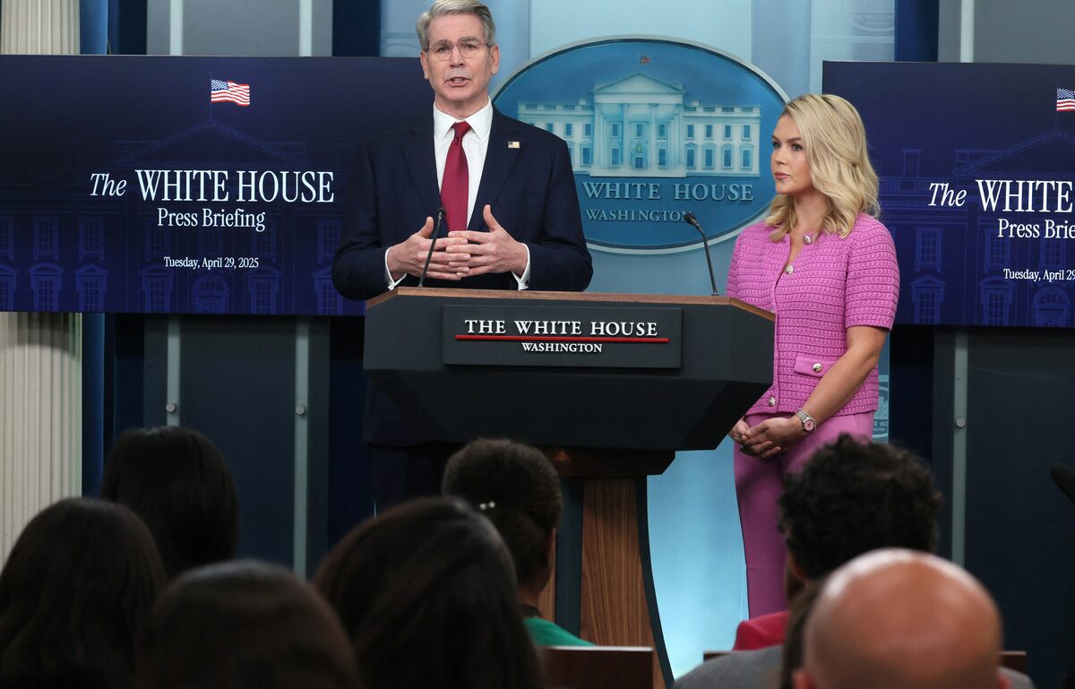 U.S. Treasury Secretary Scott Bessent responds to questions with White House press secretary Karoline Leavitt during a press briefing at the White House in Washington, U.S., April 29, 2025.