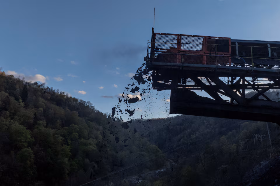 A drone view captures extracted coal as it is transported out of a beltline system during operations at the Black Eagle Mine in Packsville, West Virginia, U.S., April 12, 2025.